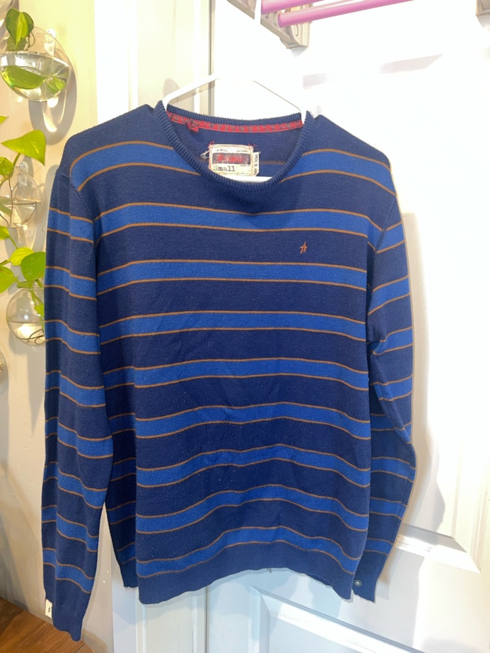 Altamont Navy Crewneck Sweater with Brown Stripes